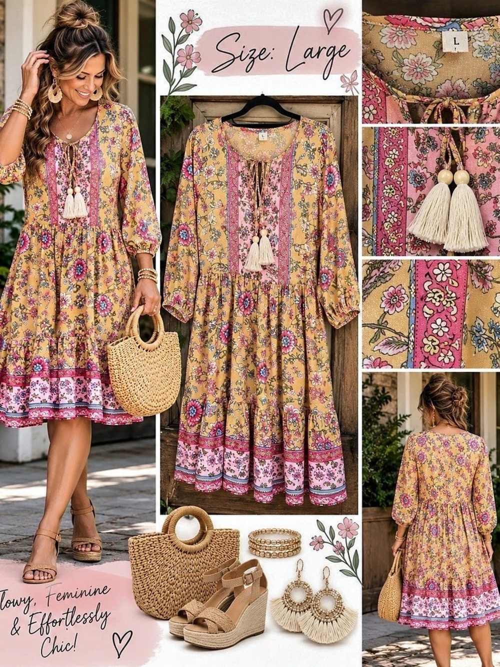 Floral Mini Dress in Yellow & Pink Size Large Like New